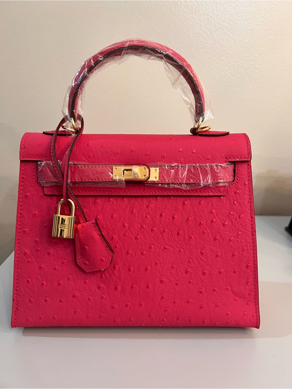 Non-Branded 25cm Ostrich-Embossed Leather Bag, Gold Hardware